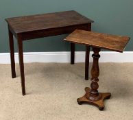 ANTIQUE MAHOGANY SIDE TABLE having a rectangular top on a turned pedestal, 72cms H, 59cms W, 35cms D