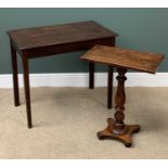 ANTIQUE MAHOGANY SIDE TABLE having a rectangular top on a turned pedestal, 72cms H, 59cms W, 35cms D