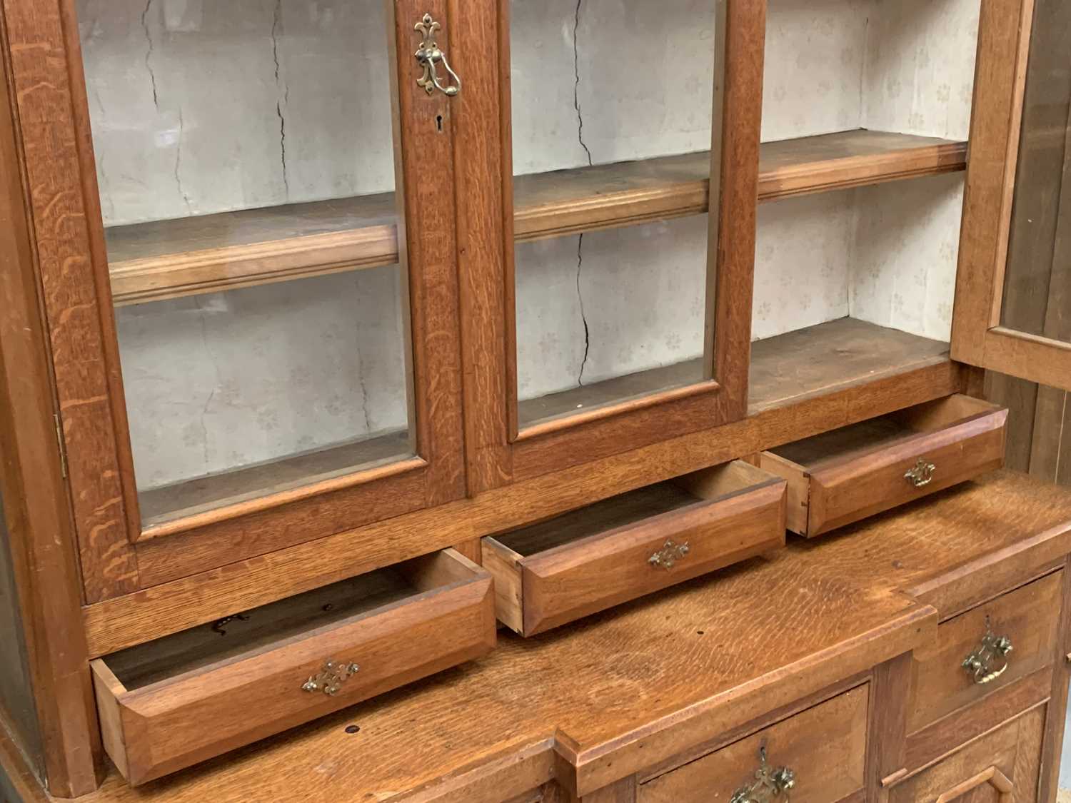 VINTAGE OAK BOOKCASE CUPBOARD, the upper section with two arched glazed doors, and a central - Image 4 of 5