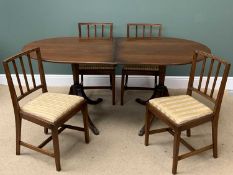 ANTIQUE MAHOGANY TWIN PEDESTAL DINING TABLE, 76cms H, 182cms W, 92cms D and a set of four