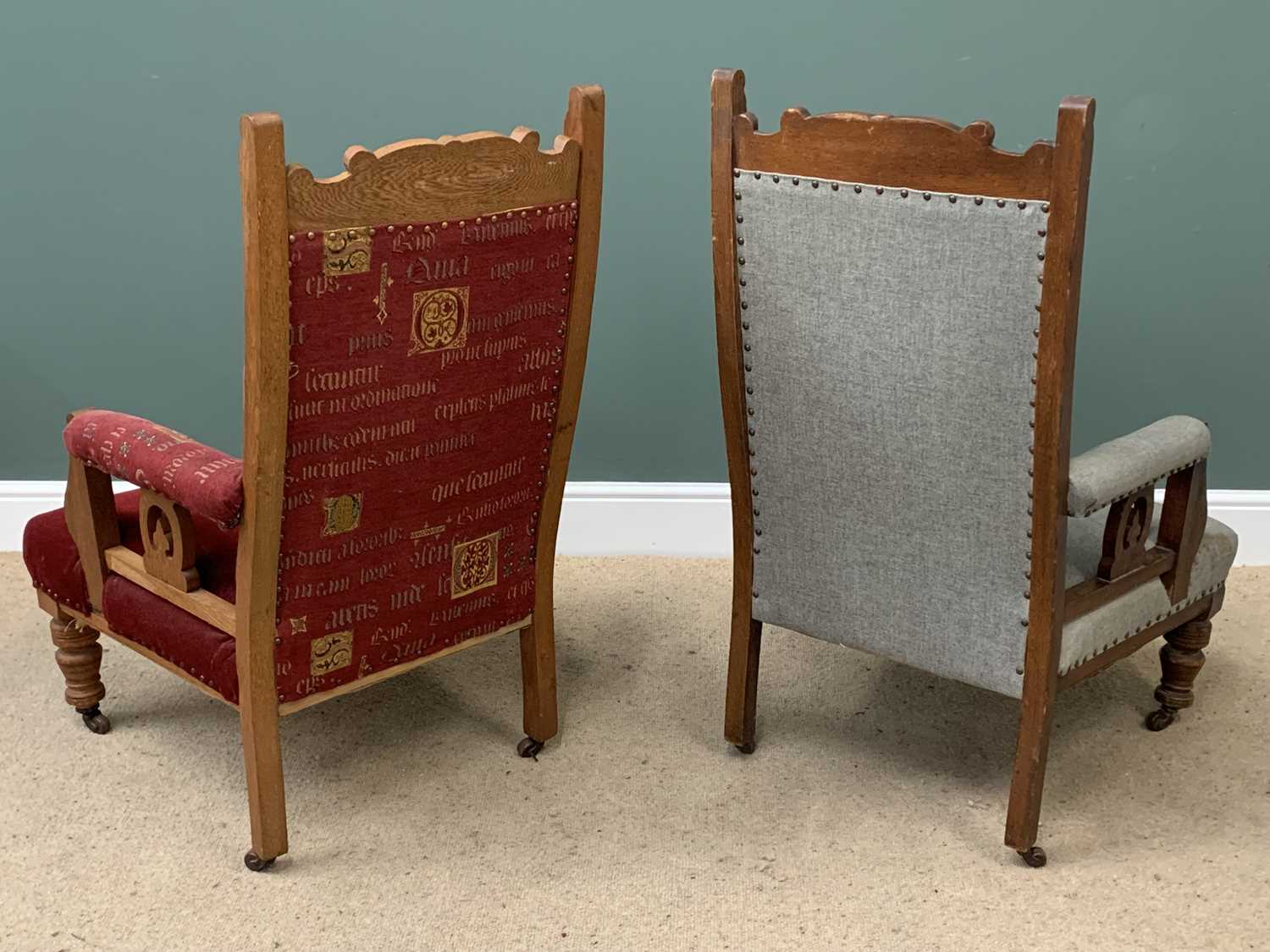 EDWARDIAN OAK ARMCHAIRS, a near pair, one in red upholstery the other in grey, 111cms H, 69cms W, - Image 4 of 4