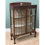 BOW FRONTED CHINA CABINET with Grecian style detail having a railback, twin glazed doors, on ball