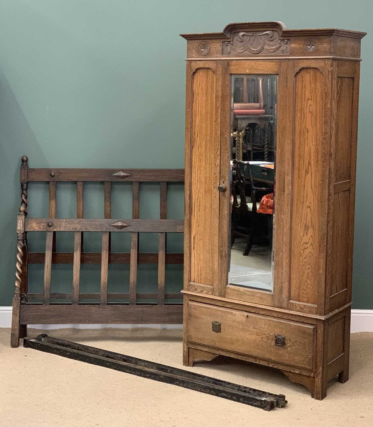 VINTAGE OAK WARDROBE with single mirrored door and a base drawer, on bracket feet, 205cms H, 94cms