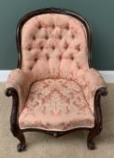 VICTORIAN MAHOGANY SALON ARMCHAIR, button backed, pink upholstery, scrolled arms and supports, 87cms