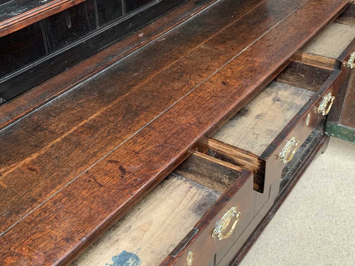 GEORGE IV WELSH OAK DRESSER having a three shelf rack over a base of three drawers and three - Image 4 of 6