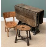 ANTIQUE OAK GATELEG TABLE, 73cms H, 121cms W (extended), 91cms D, an oval topped milking stool and a