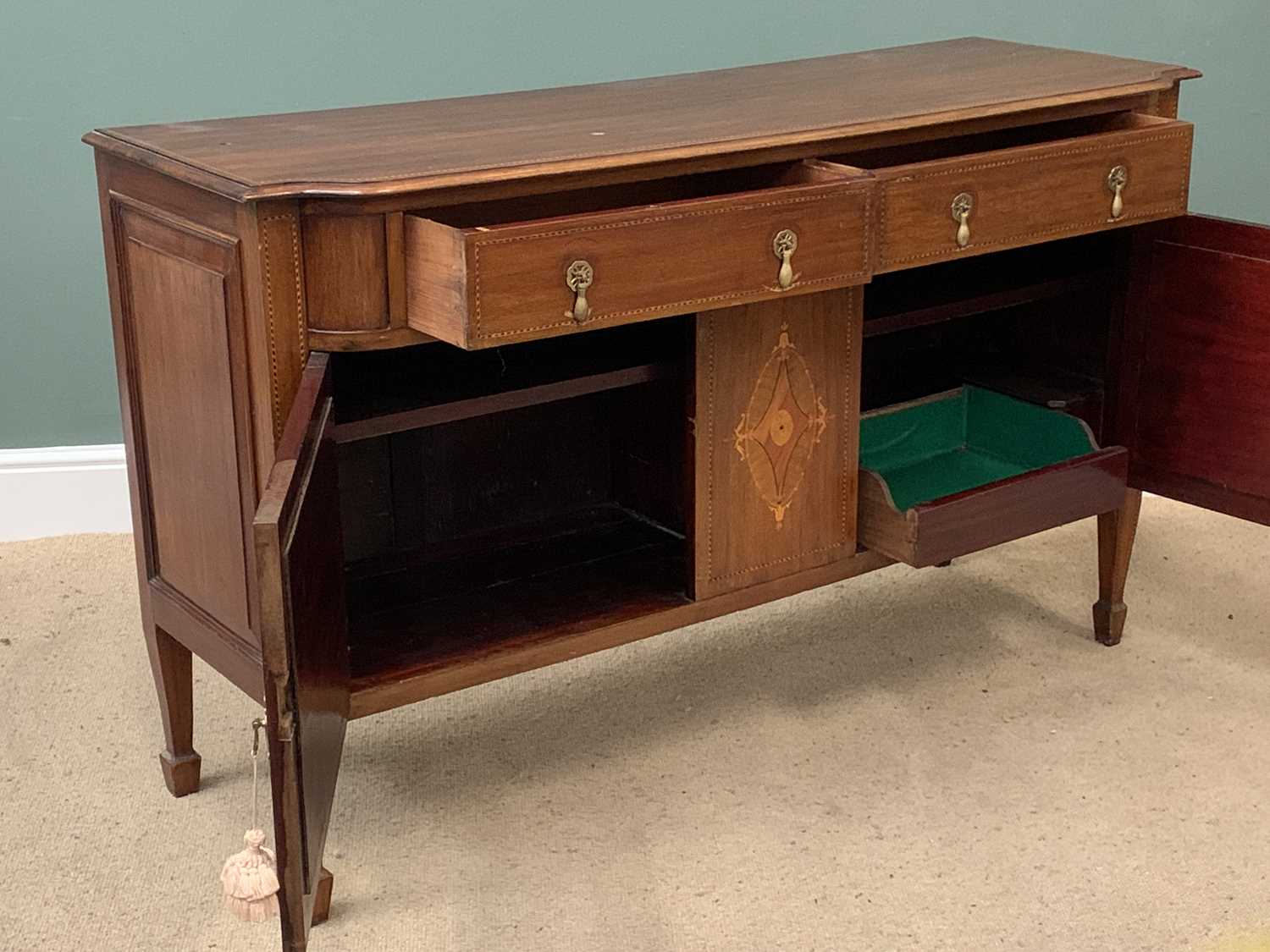 MAHOGANY SIDEBOARD with attractive inlay to the front, having two drawers and two cupboards, on - Image 2 of 4