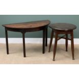 ANTIQUE MAHOGANY 'D' END TABLE, 72cms H, 120cms W, 54cms D and a circular topped mahogany pub type