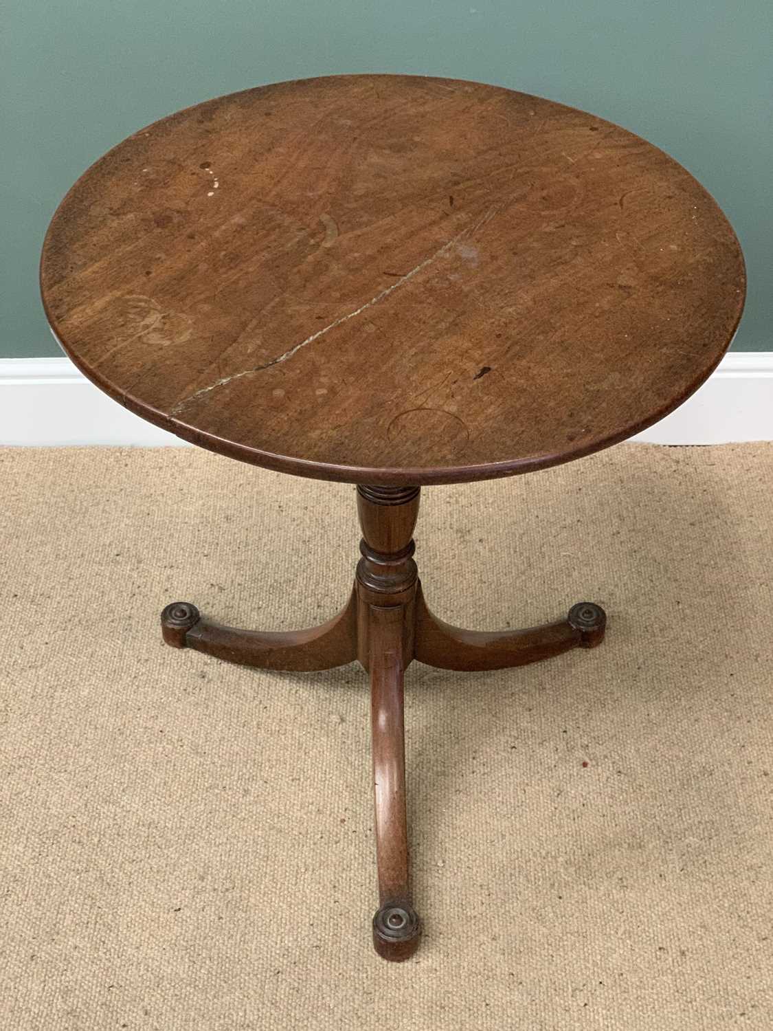 ANTIQUE OAK CIRCULAR TILT TOP TABLE on a tripod base, 57cms H, 80cms diameter and a similar taller - Image 3 of 6