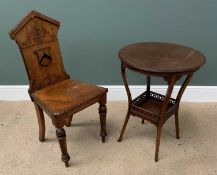 FURNITURE ASSORTMENT (2) - a steeple topped hall chair with coat of arms emblem, 91cms H, 45cms W,