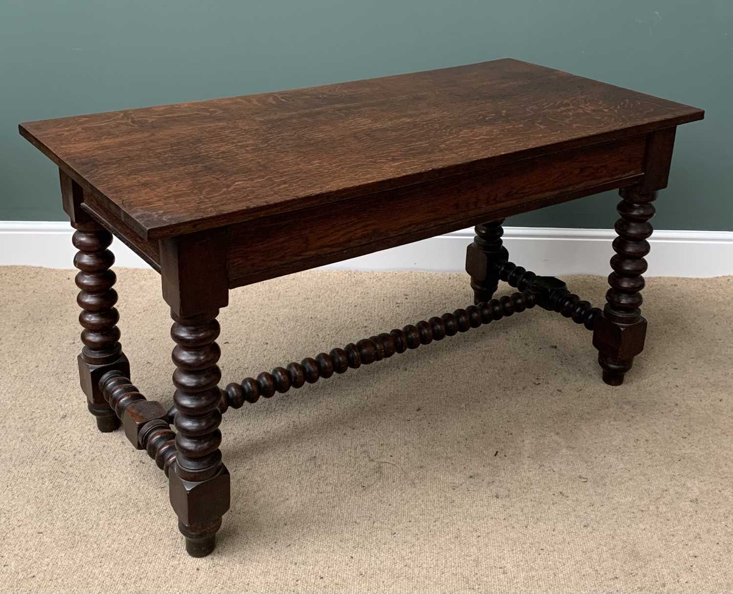 ANTIQUE OAK ALTAR TYPE TABLE on bobbin supports and stretcher, 77cms H, 143cms W, 70cms D