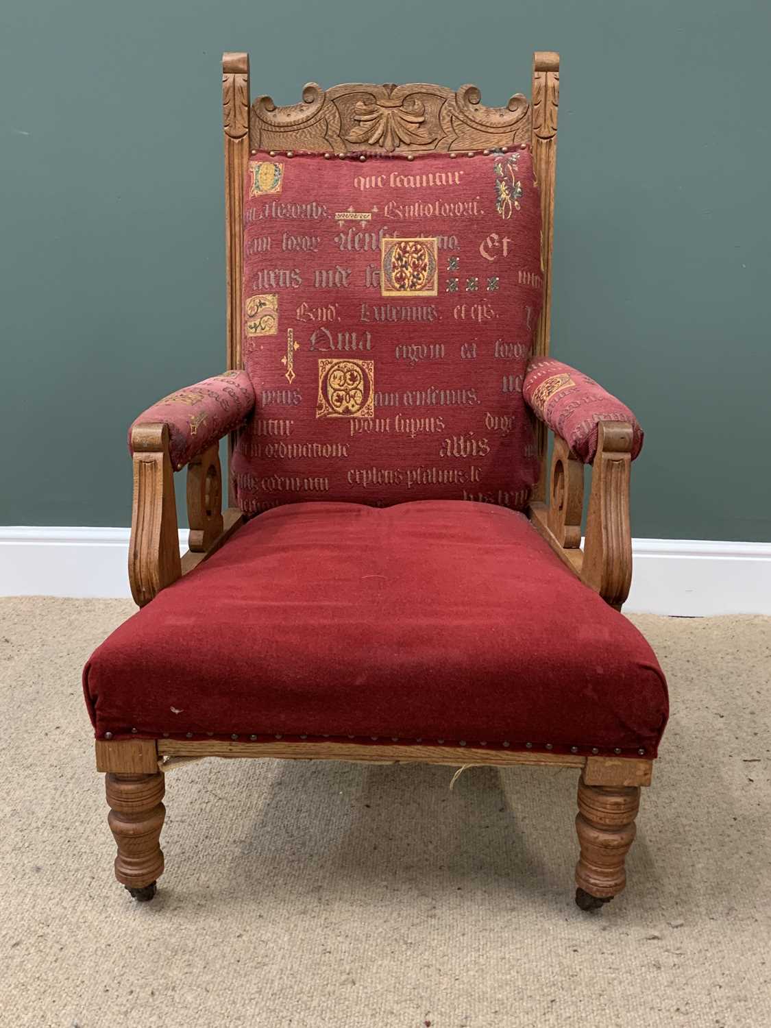 EDWARDIAN OAK ARMCHAIRS, a near pair, one in red upholstery the other in grey, 111cms H, 69cms W, - Image 3 of 4