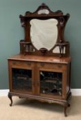 VICTORIAN MAHOGANY MIRROR BACK SIDE CABINET, the top with carved and scrolled outlines and