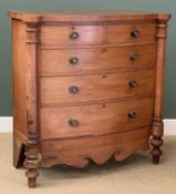 VICTORIAN MAHOGANY BOW FRONT SCOTTISH CHEST of two over three long drawers, on turned supports,