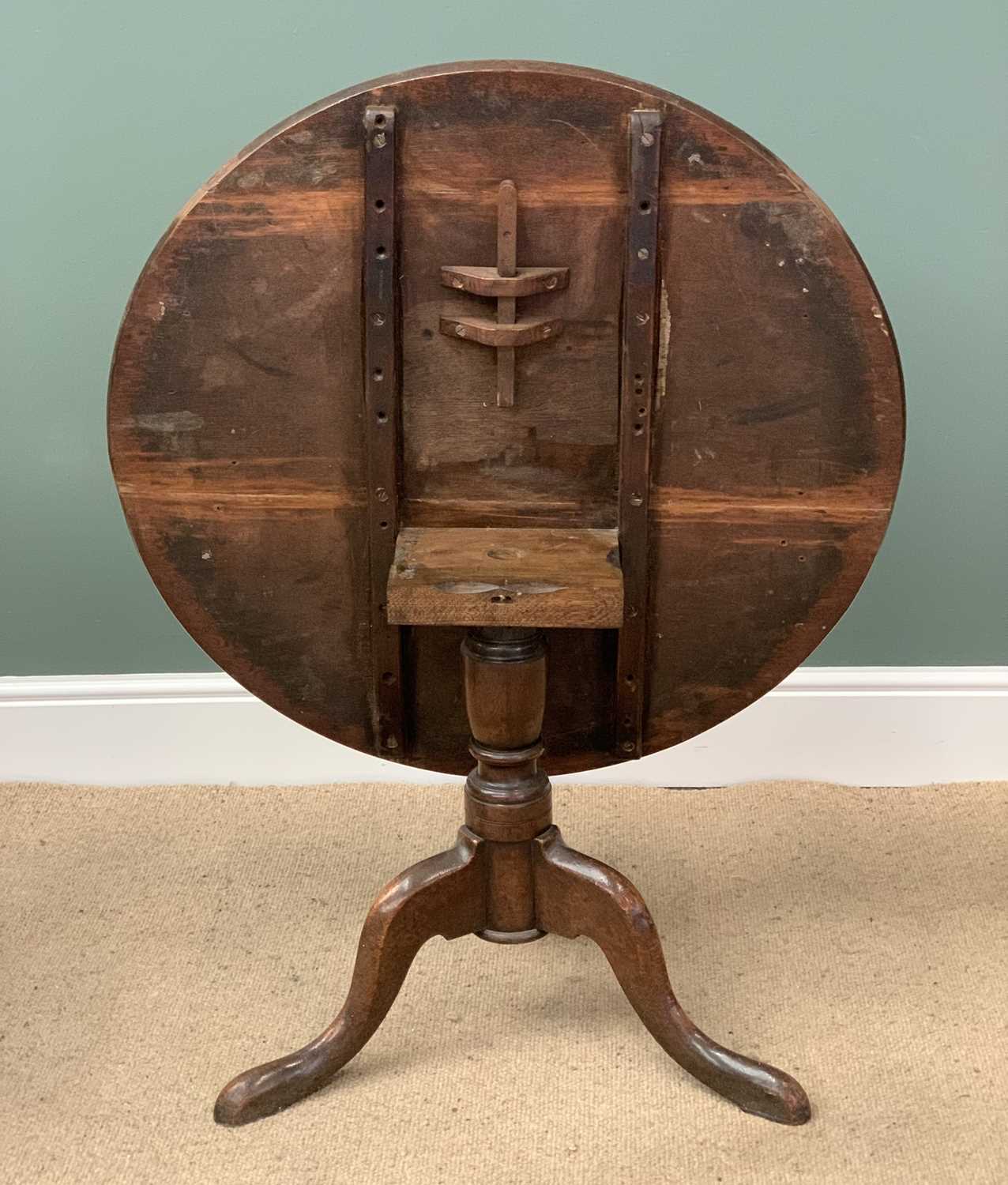 ANTIQUE OAK CIRCULAR TILT TOP TABLE on a tripod base, 57cms H, 80cms diameter and a similar taller - Image 6 of 6