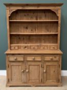 PINE FARMHOUSE TYPE DRESSER, the three shelf rack with five spice drawers, the base with three