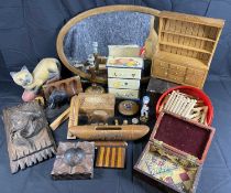 CARVED & OTHER WOOD ORNAMENTAL WARE, boxes and miniature furniture items with an oak framed oval