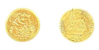 ELIZABETH II GOLD HALF SOVEREIGN dated 1982, 4grms and a copy George IV gold colour coin dated 1828,