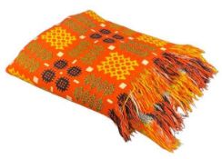 TRADITIONALLY PATTERNED WELSH WOOLLEN BLANKET - in vibrant orange and yellow tones, 215 x 180cms