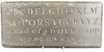 19TH CENTURY SLATE FOLK ART ALPHABET TABLET - apprentice or educational use, 29 x 13cms