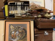 MISCELLANEOUS ASSORTMENT - vintage suitcases, brassware, cased cutlery, prints, books, treen, ETC