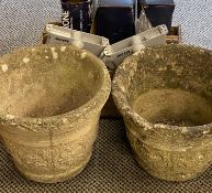 GARDEN STONEWARE - a pair of circular planters, 26cms W, 33cms diameter, and an old wooden box