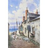 WARREN WILLIAMS ARCA watercolour - seaside cottages with numerous figures and woman feeding poultry,