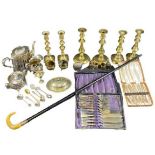 SILVER COLLARED WALKING CANE, assorted other EPNS. Also, three pairs of brass candlesticks and