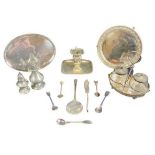 MIXED EPNS & PEWTER including a twin jar preserve stand, two EPNS calling card trays, George