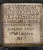 A MINIATURE UNCOLOURED ALPHABETICAL SAMPLER - signed Eleanor Airey Whittington 1857, 10 x 10cms