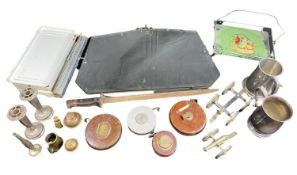 WWII BAYONET, vintage leather bound tape measures, Swedish 'E K S' opal weighing scales,