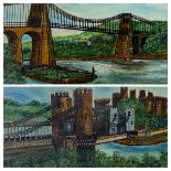 H O pair of oils, - Conwy Castle and Suspension Bridge and the second, Menai Suspension Bridge