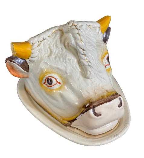 UNUSUAL STAFFORDSHIRE POTTERY BULL HEAD TONGUE/CHEESE DISH & COVER - 16cms H, 20 x 19cms overall (