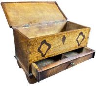 ANTIQUE OAK APPRENTICE COFFER - with lift top and base drawer, 18 x 30 x 15cms