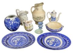 BLUE & WHITE POTTERY DINNER & CABINET WARE with a selection of Portmeirion and other relief