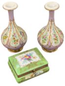 PARIS TYPE PORCELAIN CABINET WARE, 3 ITEMS - a pair of floral and Violet decorated bottle vases,