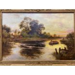 WILLIAM LANGLEY oil on canvas - titled verso “River Arun, Sussex” with canal boat, horse and figures