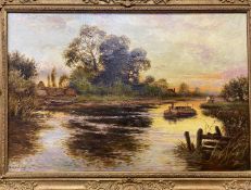 WILLIAM LANGLEY oil on canvas - titled verso “River Arun, Sussex” with canal boat, horse and figures