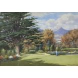 WARREN WILLIAMS ARCA watercolour - bonneted lady admiring the grounds of probably Caerhun Hall,