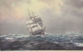 DEREK .G.M GARDNER print - Maritime scene of a four master in rough seas, signed in pencil and