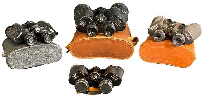 4 PAIRS OF FIELD BINOCULARS including three with carry cases, names include Telstar 8 x 30, Mirage 8