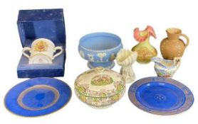 MIXED POTTERY & GLASSWARE - to include two Wedgwood powder blue cabinet plates, one decorated