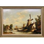 H DOUGLAS oil on canvas - Dutch shipping scene with windmill and figures to foreground, signed, 60 x