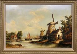 H DOUGLAS oil on canvas - Dutch shipping scene with windmill and figures to foreground, signed, 60 x