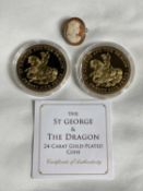 A SMALL CAMEO BROOCH - 2 x 1.7cms and coins Jubilee Mint George and Dragon 25p commemorative