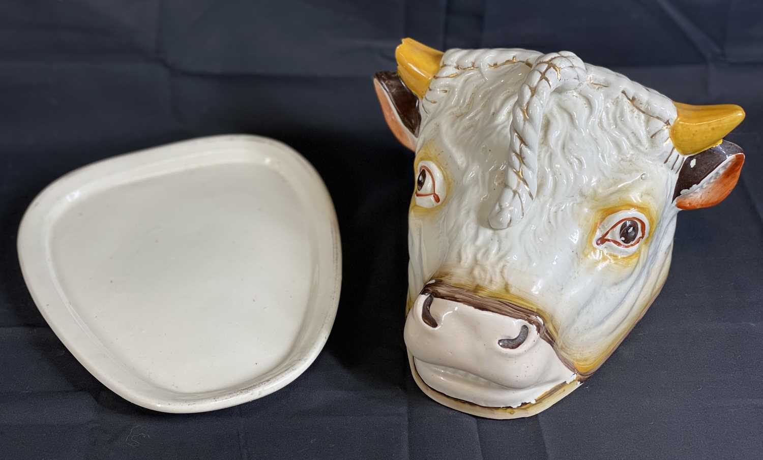 UNUSUAL STAFFORDSHIRE POTTERY BULL HEAD TONGUE/CHEESE DISH & COVER - 16cms H, 20 x 19cms overall ( - Image 3 of 3