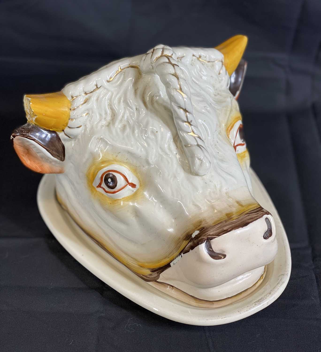 UNUSUAL STAFFORDSHIRE POTTERY BULL HEAD TONGUE/CHEESE DISH & COVER - 16cms H, 20 x 19cms overall ( - Image 2 of 3