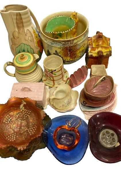 ART DECO & LATER POTTERY - with a small quantity of colourful glassware, items include a Burleigh