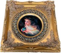 AUSTRIA GERMANY PORCELAIN PLATE - within a gilt frame marked 'Vicwna', depicting a young girl with a