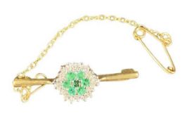 9CT GOLD DIAMOND & EMERALD CLUSTER BAR BROOCH - 2.4grms, 3cms across, with safety chain and pin